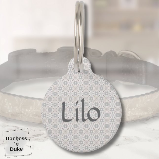 Médaillon Pour Animaux Carreaux espagnols gris Personnalisé  (Dog Name Tag - Gray Spanish Tile Personalized)