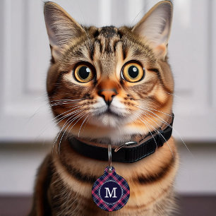 Médaillon Pour Animaux Carreaux Rouge et Bleu avec Monogramme