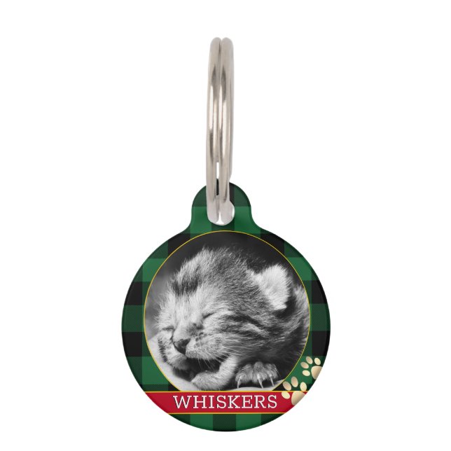 Médaillon Pour Animaux Carte Cat, Pawprint Green Buffalo Plaid, Kitten Ph (Devant)