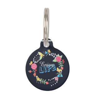 Médaillon Pour Animaux cercle floral dynamique girly "Enjoy Life" mots