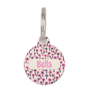Médaillon Pour Animaux Champ de fleurs roses avec nom et numéro - Animal