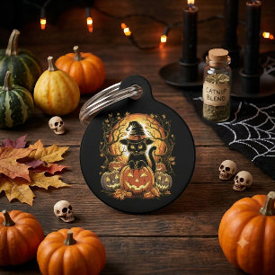 Médaillon Pour Animaux Chat noir de Halloween Citrouille Sorcière Chat Ef