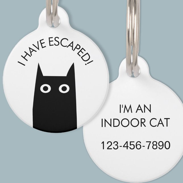 Médaillon Pour Animaux Chat noir Échappé Chat intérieur (I have escaped indoor cat phone number pet tag)