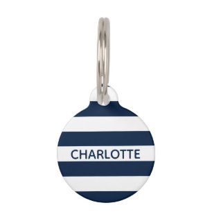 Médaillon Pour Animaux Chic bleu marine rayures blanches nom personnalis