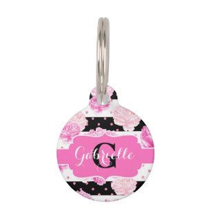Médaillon Pour Animaux Chic Stripes Fleurs roses Nom Chat initial ou Chie