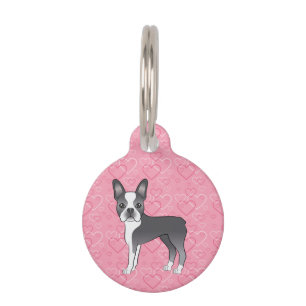 Médaillon Pour Animaux Chien Boston Terrier bleu et blanc sur des cœurs r