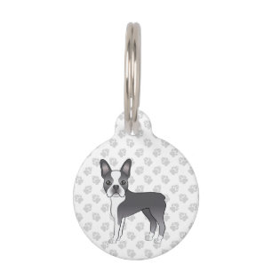 Médaillon Pour Animaux Chien de dessin animé Boston Terrier bleu avec inf