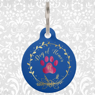Médaillon Pour Animaux Chien d'honneur Fuchsia Empreinte de patte sur Blu