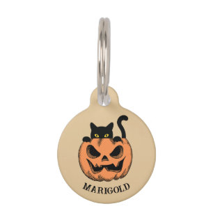 Médaillon Pour Animaux Citrouille d'Halloween et chat noir Personnalisé 