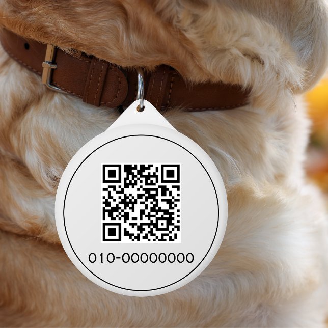 Médaillon Pour Animaux Code QR blanc Texte personnalisé simple (Créateur téléchargé)