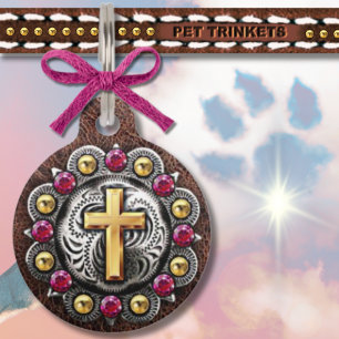 Médaillon Pour Animaux Concho de croix en pierre de l'Ouest or et rose