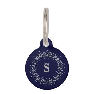 Médaillon Pour Animaux Confettis Argent sur Bleu Nuit Monogramme
