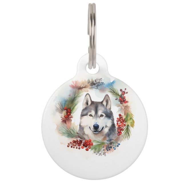 Médaillon Pour Animaux Couronne de Noël festive avec Malamute d'Alaska (Dos)