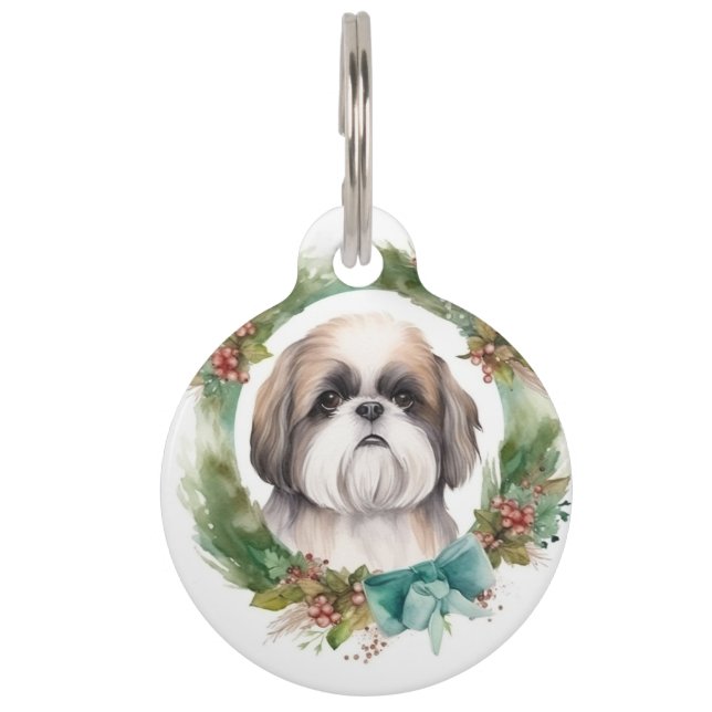 Médaillon Pour Animaux Couronne de Noël festive avec Shih Tzu (Devant)