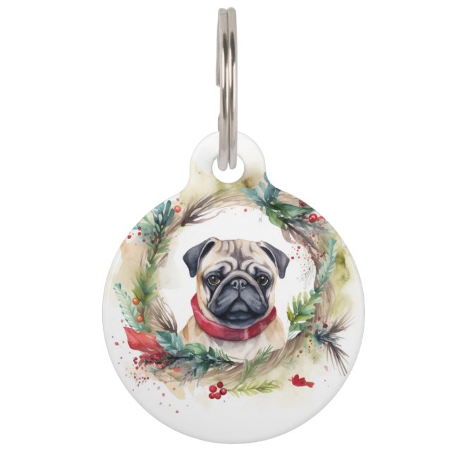 Médaillon Pour Animaux Couronne de Noël festive avec un pug (Devant)