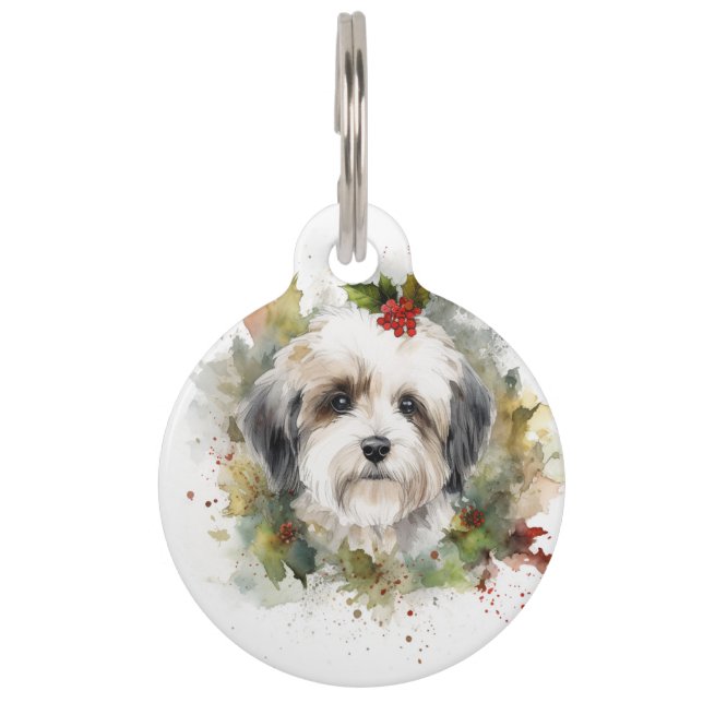 Médaillon Pour Animaux Couronne de Noël festive de petit chien Havanais (Devant)