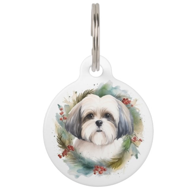 Médaillon Pour Animaux Couronne de Noël festive Malti Tzu (Devant)