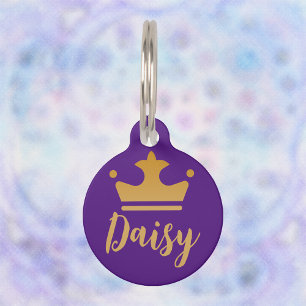 Médaillon Pour Animaux Couronne dorée avec nom personnalisé violet royal