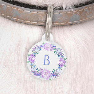 Médaillon Pour Animaux Couronne florale de pivoine rose violet bleu Monog