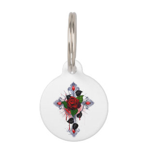 Médaillon Pour Animaux Croix d'argent avec une rose rouge