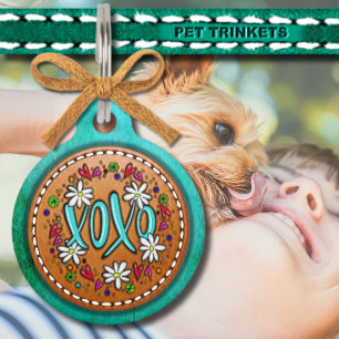 Médaillon Pour Animaux Cuir bleu XOXO Hugs et baisers Coeurs Daisis