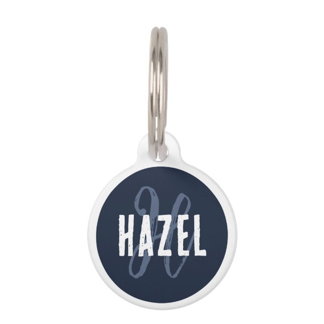Médaillon Pour Animaux Cute moderne Monogramme blanc et bleu marine (Devant)