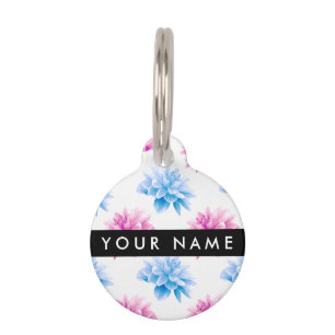 Médaillon Pour Animaux Dahlia rose et bleu, motif floral, Votre nom