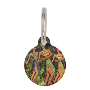 Médaillon Pour Animaux Danseuses Hula Vintage Hawaï Rétro Tiki Palmier
