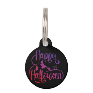 Médaillon Pour Animaux Dégradé de Joyeux Halloween avec chat sorcière vol