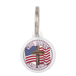 Médaillon Pour Animaux Dieu Bénisse l'Amérique et Croix Avec Drapeau USA