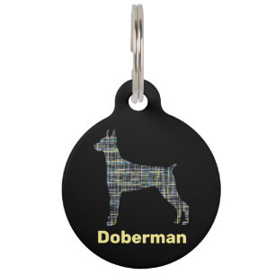 Médaillon Pour Animaux Doberman Chien Silhouette Jaune et Grille Noire