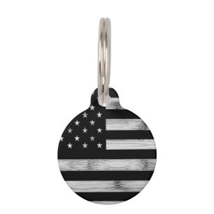 Médaillon Pour Animaux Drapeau américain Bois rustique Noir Blanc Patriot