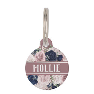 Médaillon Pour Animaux Dusty rose Rose Floral Nom et adresse