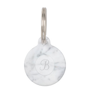 Médaillon Pour Animaux Elégant marbre clair Look Monogramme & Info pour a