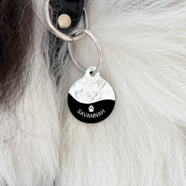 Médaillon Pour Animaux Elégant Noir Avec Faux Marbre blanc Texture & Paw (Créateur téléchargé)