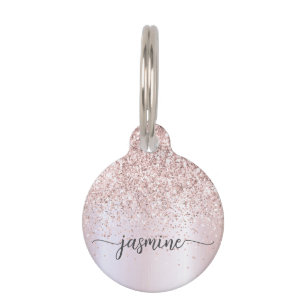 Médaillon Pour Animaux Élégant Rose Gold Pailleté Monogramme Nom Script