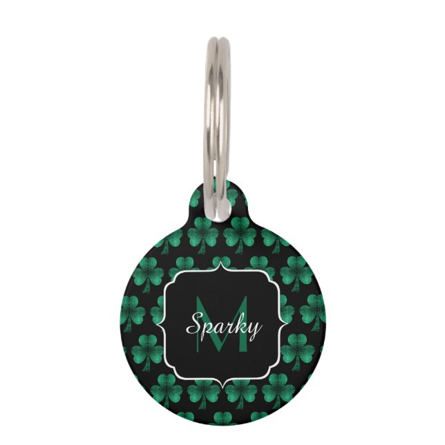 Médaillon Pour Animaux Emerald Green Sparkle Shamrock noir Monogramme (Devant)