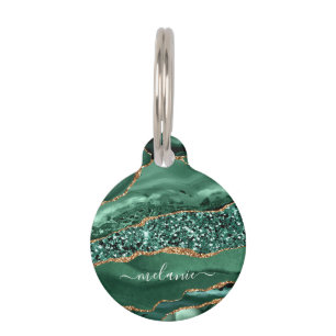 Médaillon Pour Animaux Émeraude Green Gold Marble Nom personnalisé Identi