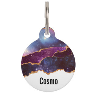 Médaillon Pour Animaux Espace bleu et violet et étoiles avec ruban or