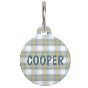 Médaillon Pour Animaux Étiquette personnalisée Plaid Bleu Blanc Jaune pou