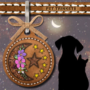 Médaillon Pour Animaux Étoiles célestes de lune Floral Cuir Brown