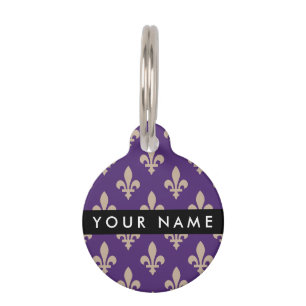 Médaillon Pour Animaux Fleur de Lis, Beige sur Violet, Royal, Votre Nom