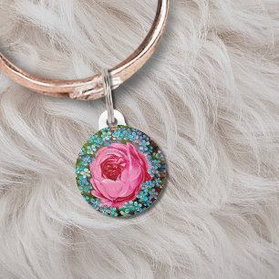 Médaillon Pour Animaux Fleurs Bleues Et Rose Rose