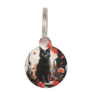 Médaillon Pour Animaux Fleurs rouges personnalisées en nacelle noire