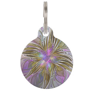 Médaillon Pour Animaux Floral Coloré Abstrait Fractal Avec Rose & Or