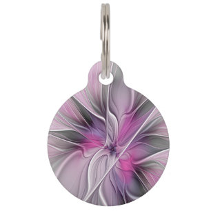 Médaillon Pour Animaux Floral Fractal moderne Fleur Abstraite rose gris