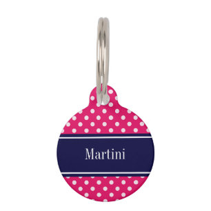 Médaillon Pour Animaux Framboise Blanc Pois Marine Nom bleu Monogramme