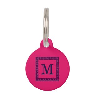 Médaillon Pour Animaux Framboise, Clé grecque bleue marine #1 Monogramme