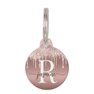 Médaillon Pour Animaux Girly Cute Rose Gold Pailleté Monogramme Script 