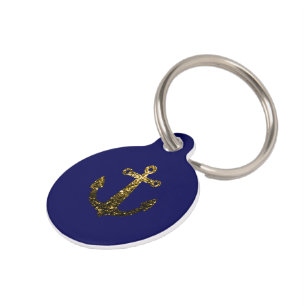 Médaillon Pour Animaux Gold faux scintille Ancre bleu marine Personnalise
